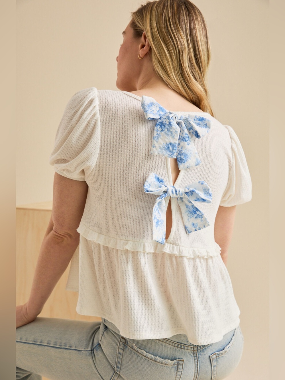 Altarād State Carolineā Bow Back Babydoll Top Shirt Blouse White Blue S